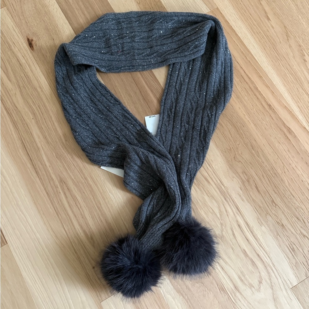 Adrienne Landau Wool Sequins Gray Knit Scarf with Pom Pom’s